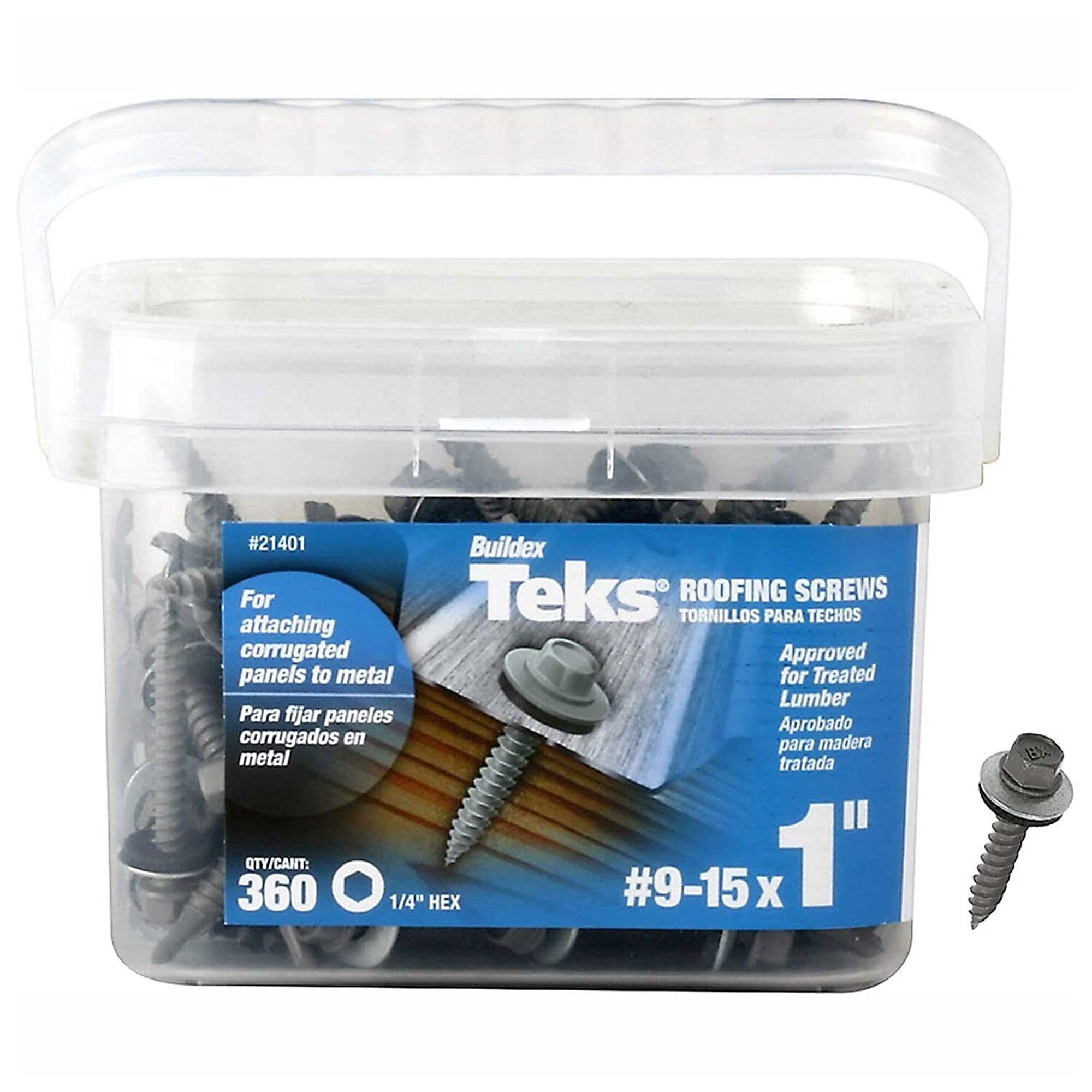 Teks Hex Washer Sharp Point Roofing Screws - #9 x 1in., Self-Sealing Neoprene Washer, 360ct, Model# 21401
